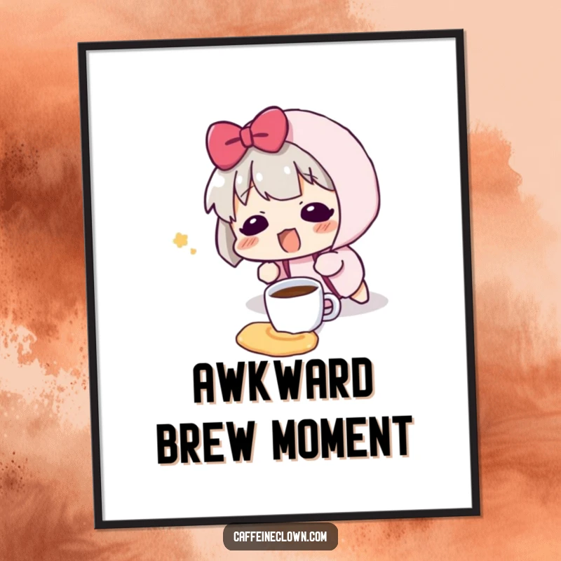 Funny poster art showing a character tripping and spilling a tiny coffee cup, with a cute surprised blush.