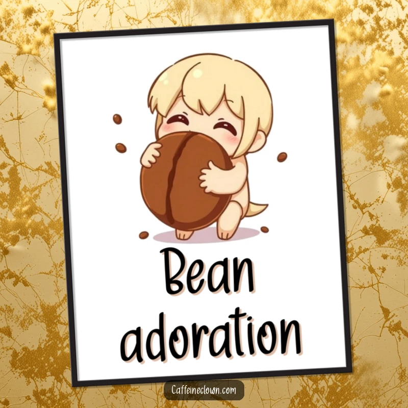 Funny Poster: Character embraces a giant coffee bean, eyes sparkling with pure delight, a symbol of coffee adoration.