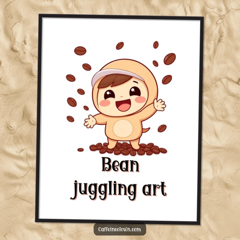 Funny poster showcasing a gleeful character energetically juggling roasted coffee beans with a large, infectious grin, bringing joy to any room.