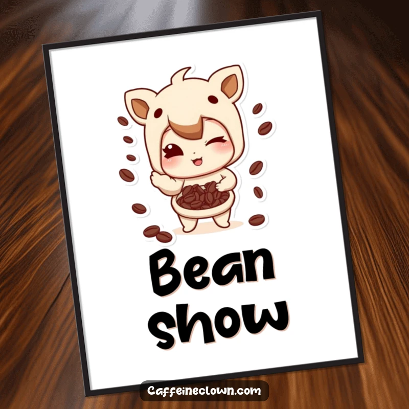 Funny Poster: Character winking playfully while juggling coffee beans, a vibrant and humorous piece of art.