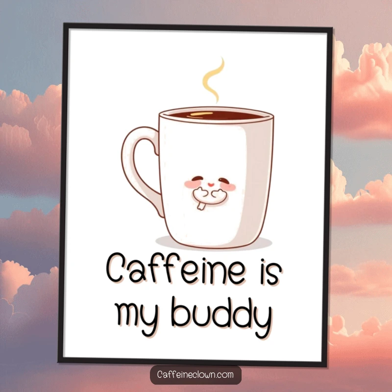 Funny poster art of a small character embracing a large, steaming coffee mug, conveying a deep love and appreciation for coffee.