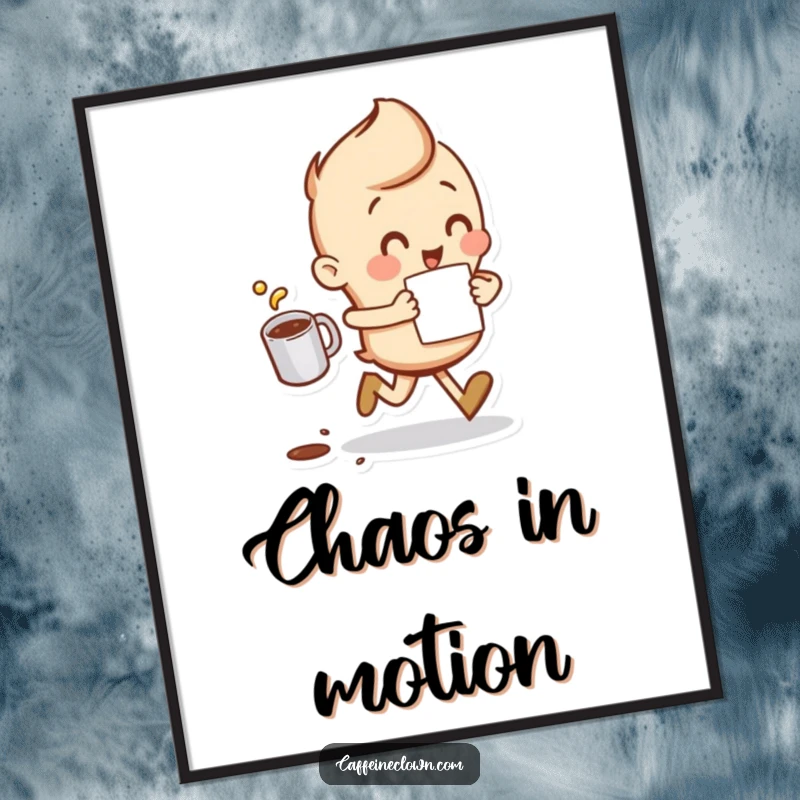 Funny Poster of a character running with a coffee cup, a little coffee spilling, capturing the essence of a busy morning.