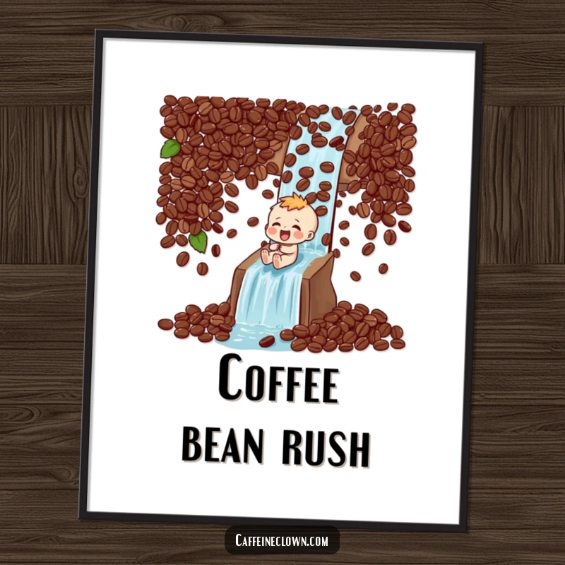 Funny Poster: Character laughs heartily while sliding down a dynamic waterfall made of coffee beans, capturing thrilling coffee joy.