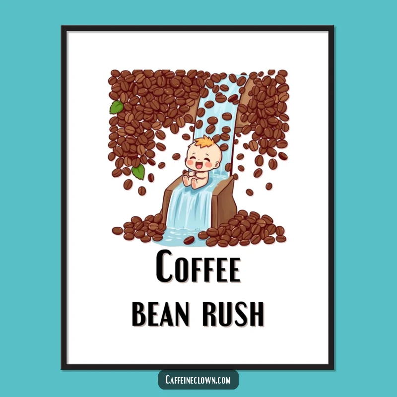 Funny Coffee Poster: Bean Waterfall Character - Thrilling Wall Art!