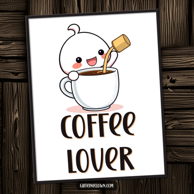 Funny Poster: Kawaii character gleefully pouring coffee into a gigantic cup, spreading coffee joy and cheer.