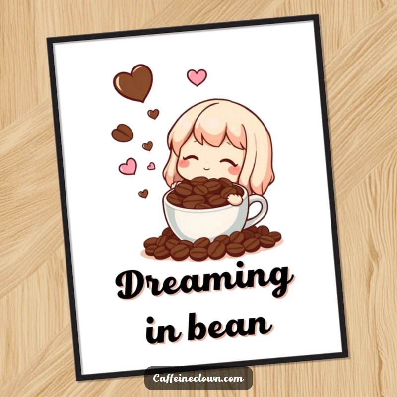 Funny poster art of a character dreaming of coffee beans and tiny hearts, adding humorous charm to any room.