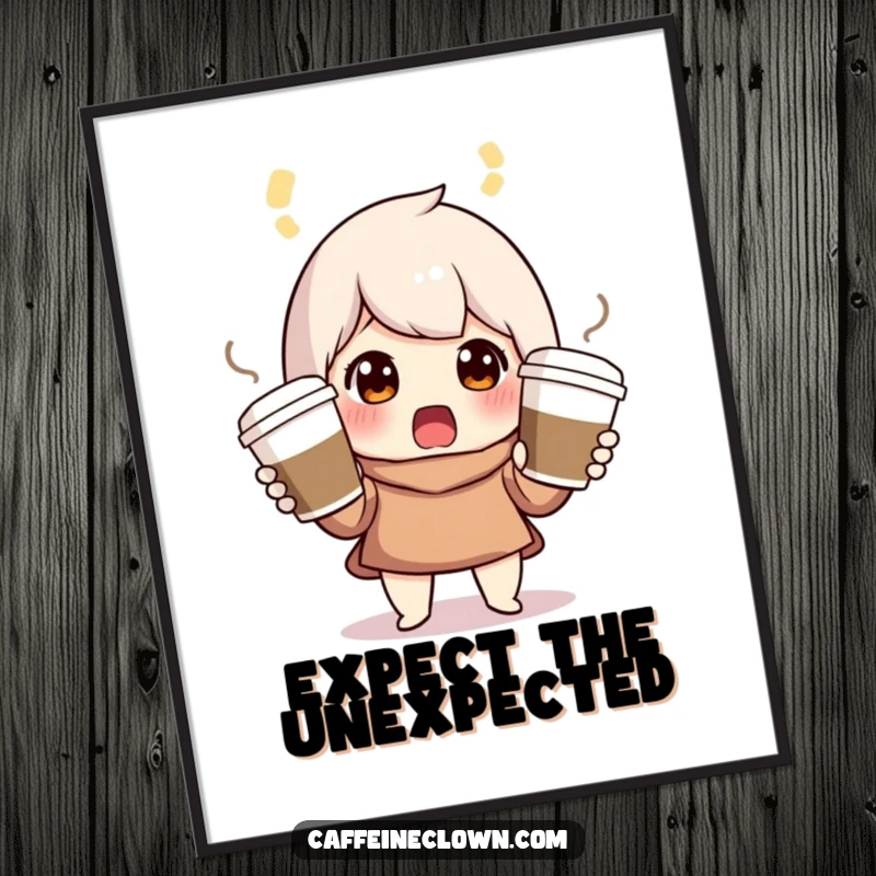 Funny poster print of a surprised character juggling three coffee cups, illustrating the busy nature of modern life.