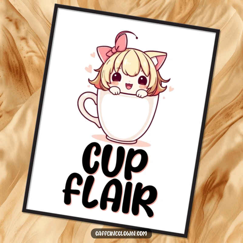 Funny poster showcasing a cute character adorning a coffee cup with a playful flourish, creating a charming and artistic scene.