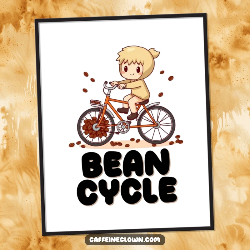 Funny whimsical character attempting to pedal a bicycle powered by coffee beans, depicted on a vibrant art poster.