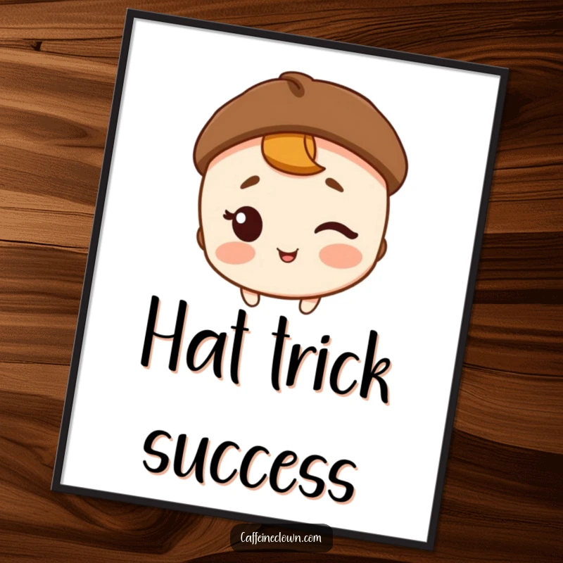 Funny poster art of a winking character wearing a coffee bean hat, adding humorous charm and coffee flair.