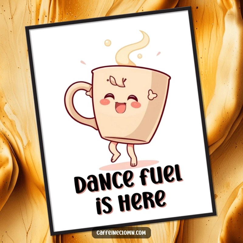 Funny poster artwork of a character performing an exuberant dance with a massive steaming coffee cup, capturing the spirit of coffee celebration.