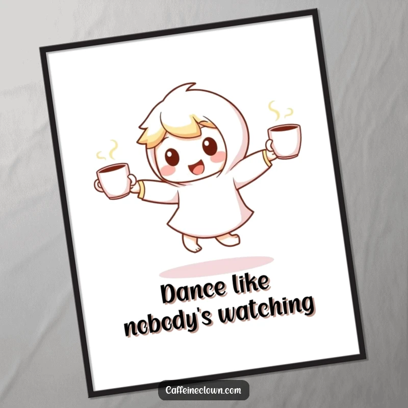 Funny poster depicting a small, energetic character in a lively dance pose, holding two steaming coffee cups, full of vibrant energy.