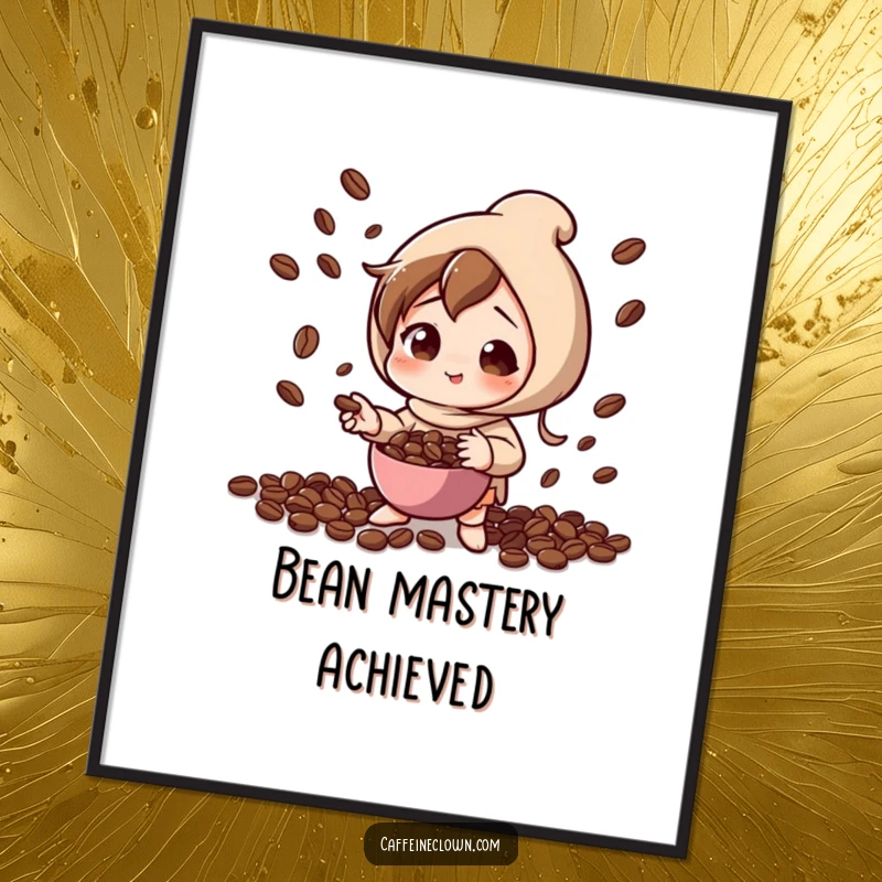 Funny poster art of a character with playful concentration, expertly juggling coffee beans, adding a dynamic coffee-themed element to decor.