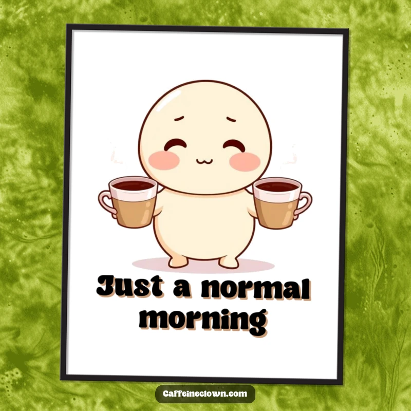 Funny poster illustrating a cute, round character with rosy cheeks energetically juggling three steaming coffee cups, symbolizing morning energy.