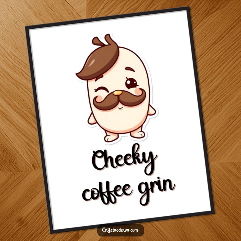 Funny poster featuring a character with a coffee mustache giving a cheeky wink, adding a playful and sophisticated element to wall art.