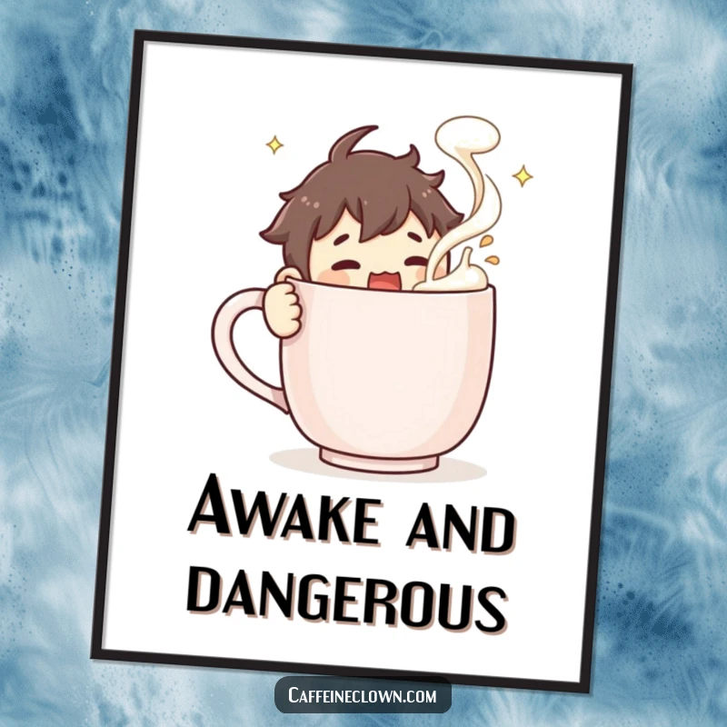 Funny Poster: A character actively stirs a huge steaming coffee mug, coffee froth flying dramatically, capturing the essence of morning energy.