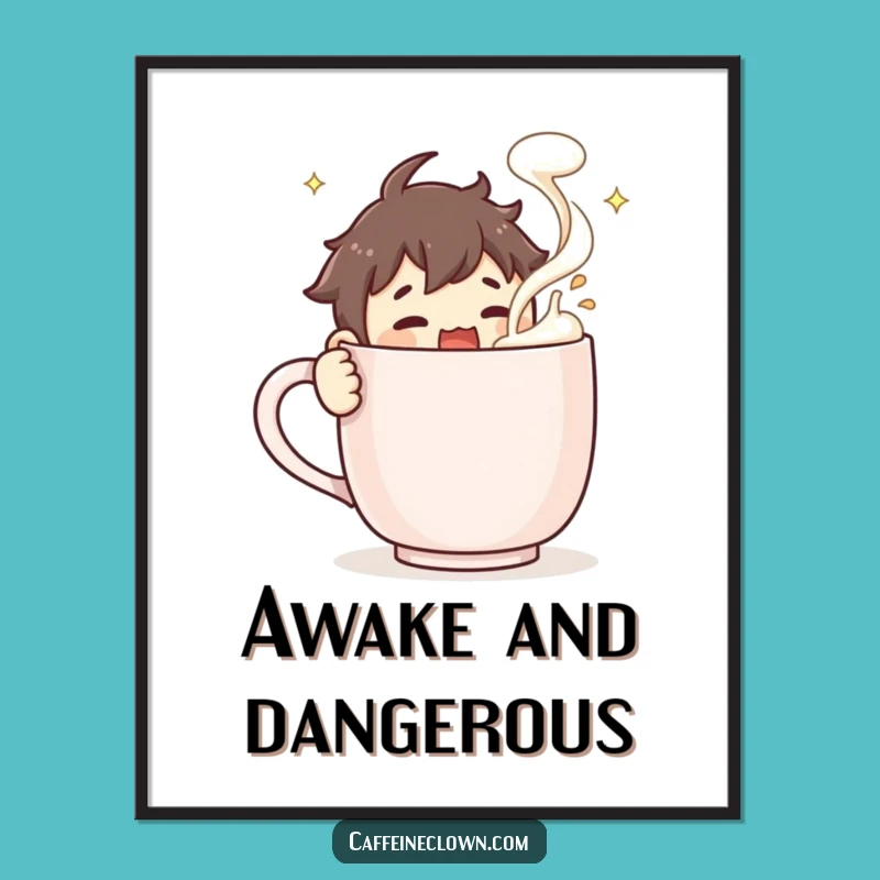 Funny Coffee Poster: Character Stirring Giant Mug, Froth Flying - Wall Art!