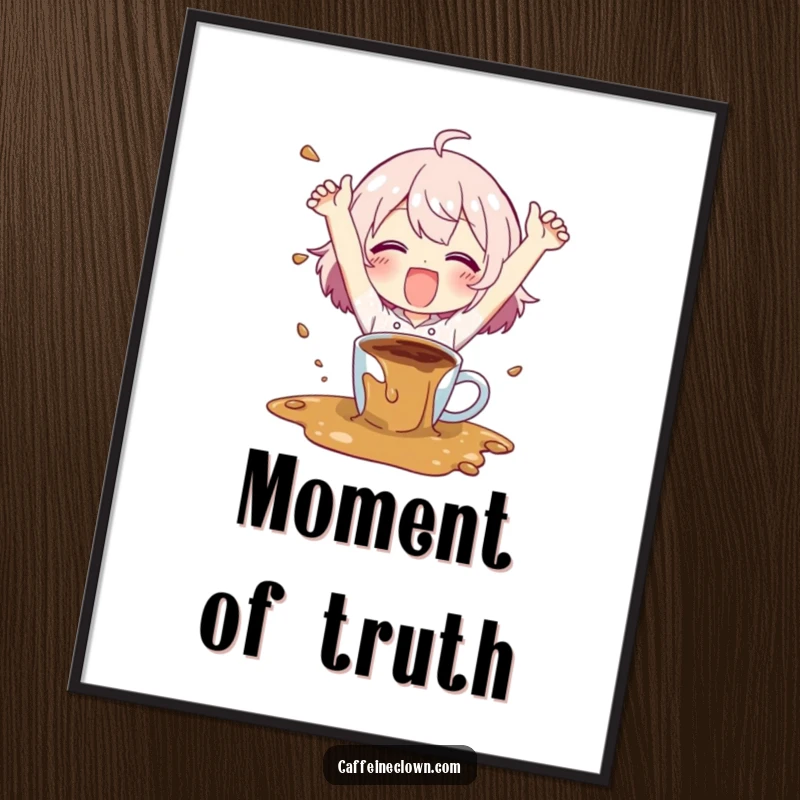 Funny poster art of a character happily flailing arms while spilling coffee, conveying joyful accidents and coffee love, great decor.