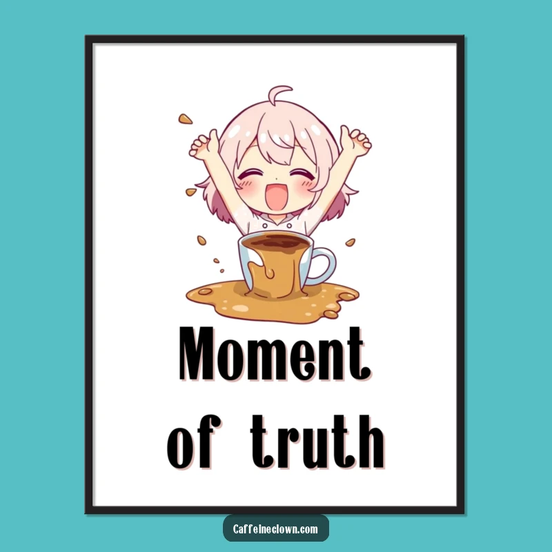 Funny Coffee Spill Character Poster: Happy Chaos Art, Perfect Wall Decor Gift