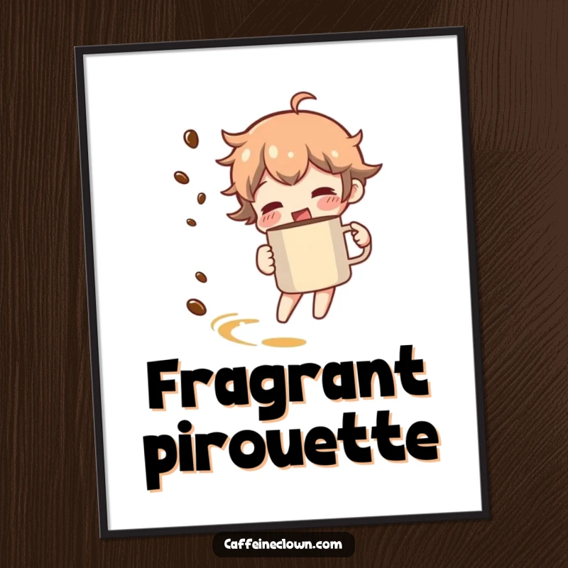 Funny poster art of a character spinning with a coffee mug, with a visible trail of coffee aroma.