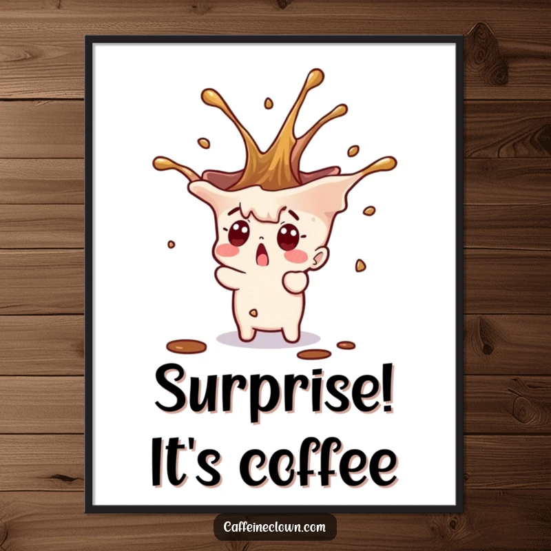 Funny tiny character with a surprised expression and a coffee splash erupting upwards, as a dynamic poster.