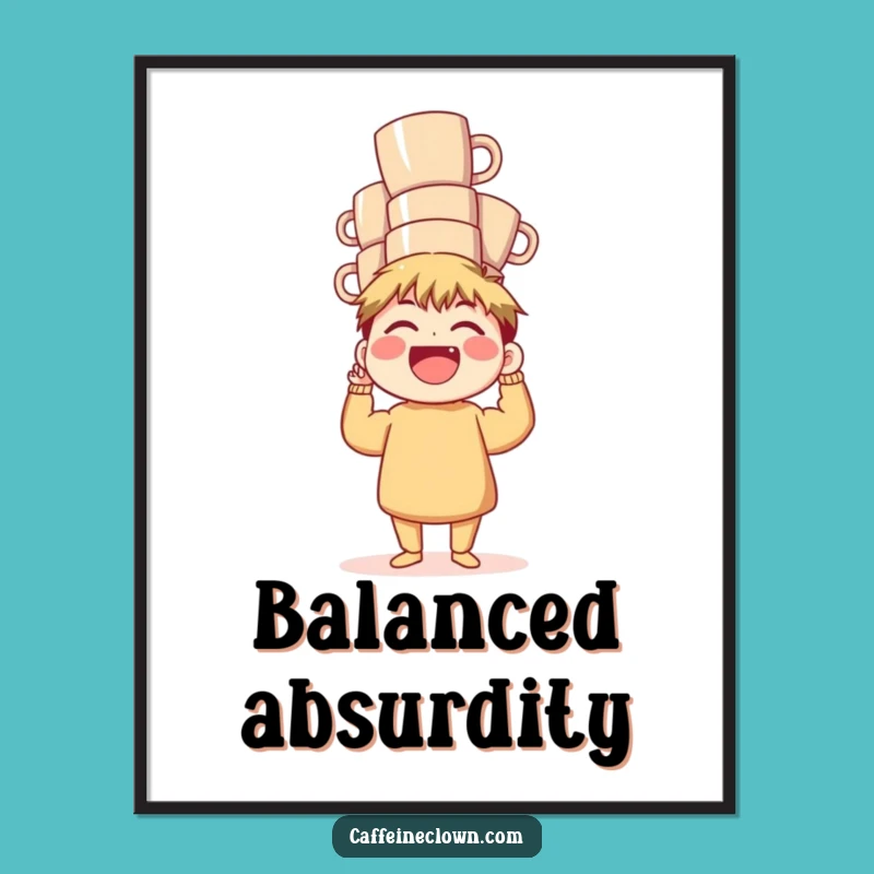 Funny Coffee Stack Poster: Hilarious Mug Balancer Art, Vibrant Funny Gift