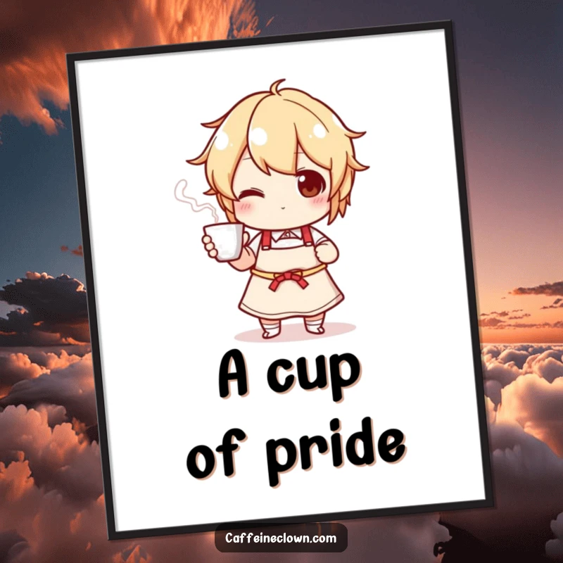 Funny poster of a character in an apron proudly presenting a steaming cup, adding artistic humor to kitchen decor.