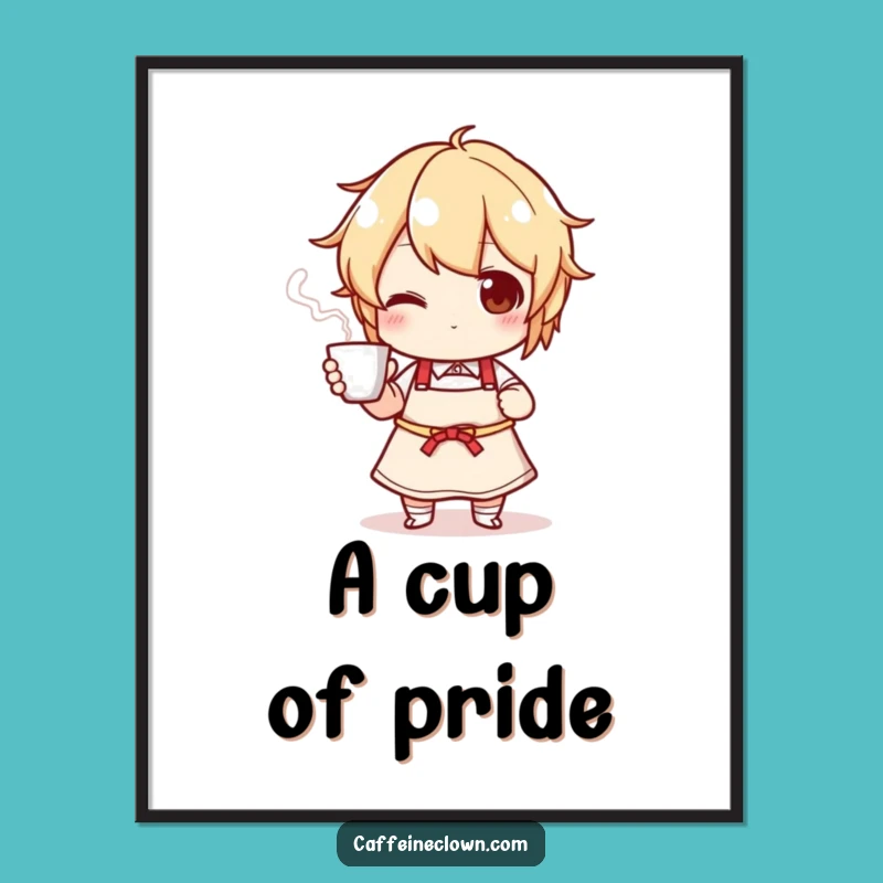 Funny Culinary Art Poster: Apron Character's Steaming Cup!