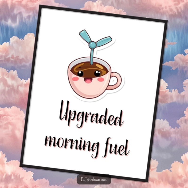 Funny flying coffee poster with a cheerful cup of coffee and a propeller, depicted in erratic flight, a joyful and amusing wall decoration.