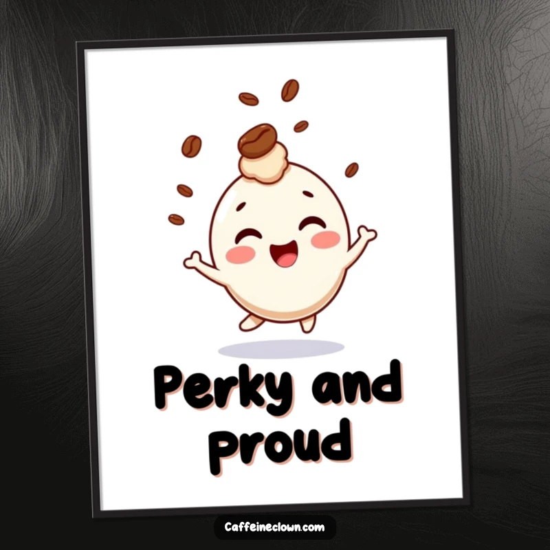Funny poster illustrating a giggling character bouncing with a coffee bean comically bouncing on its head, symbolizing playful energy.
