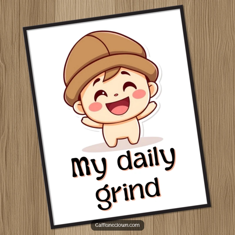 Funny kawaii character wearing a coffee bean hat, depicted with a wide, happy grin on a vibrant poster.