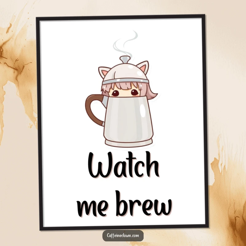 Funny Poster of a character peeking playfully from behind a steaming coffee pot, adding whimsical decor.