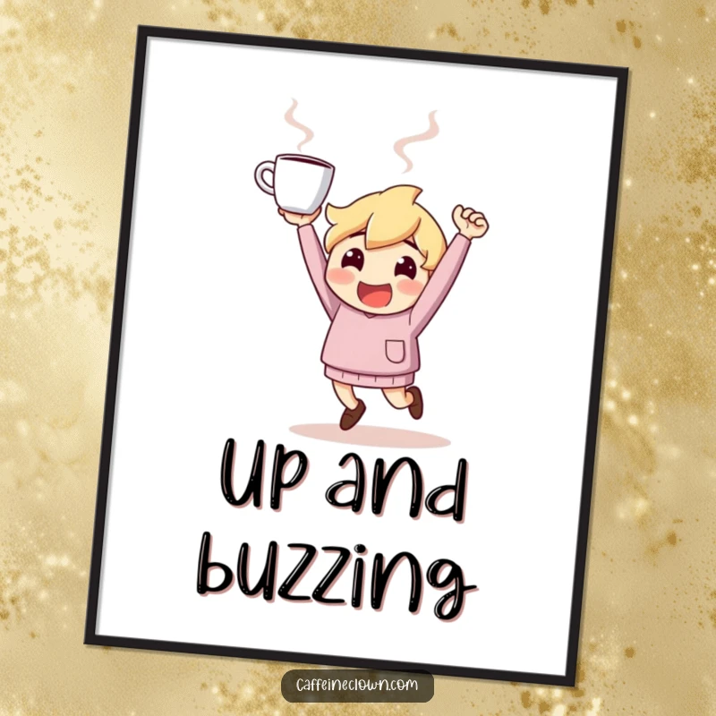 Funny Poster: Character bounces with spirited energy, holding a steaming coffee cup high, a symbol of morning zest.