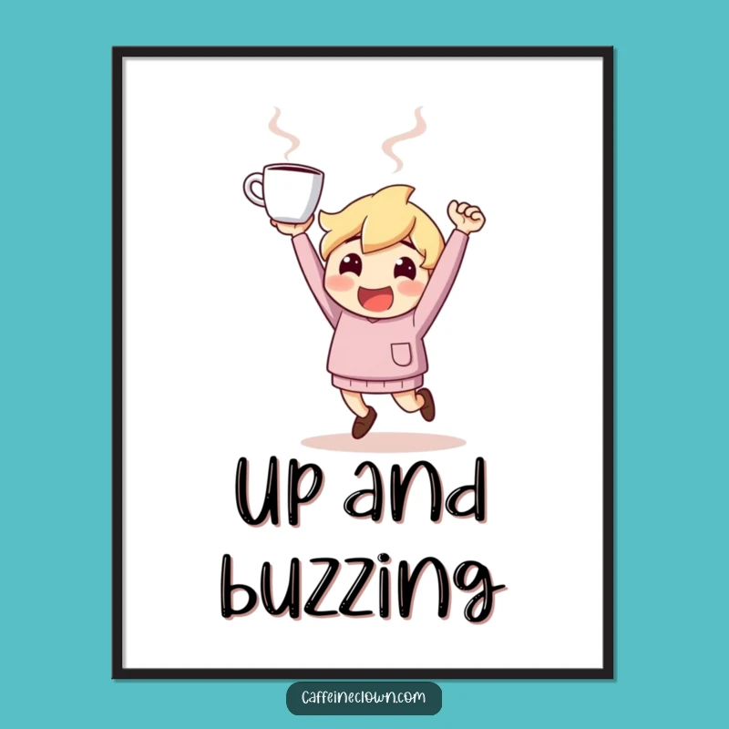 Funny Poster: Bouncing Coffee Character - Energetic Wall Art!