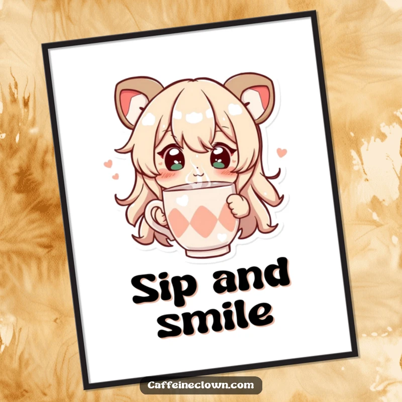 Funny poster of a character with eyes sparkling, joyfully sipping from a steaming cup, illustrating a moment of pure contentment.