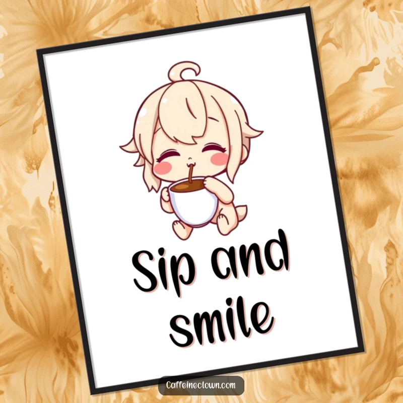 Funny poster art of a character with a delighted, puckered expression tasting coffee, conveying pure flavor enjoyment and humor, great decor.