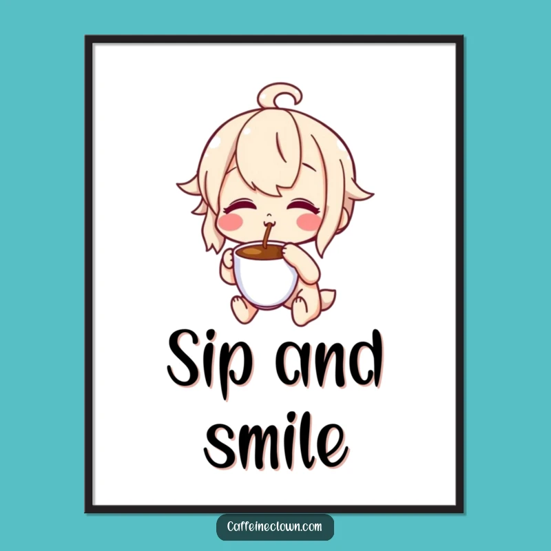 Funny Tasting Coffee Character Poster: Joyful Expression, Perfect Wall Art Gift