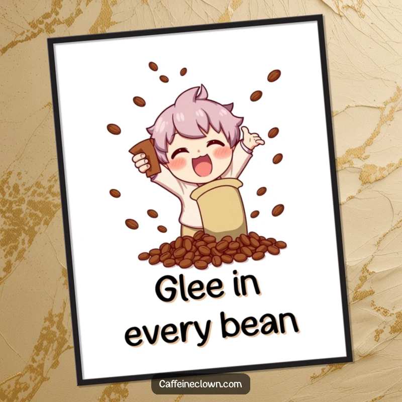 Funny poster art of a character gleefully shaking a coffee bag, causing a delightful explosion of coffee beans.