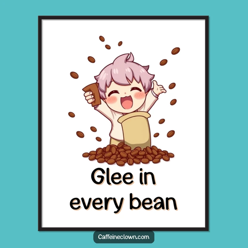Funny Wall Art: Character Shaking Coffee Beans with Glee, Coffee Lover Decor