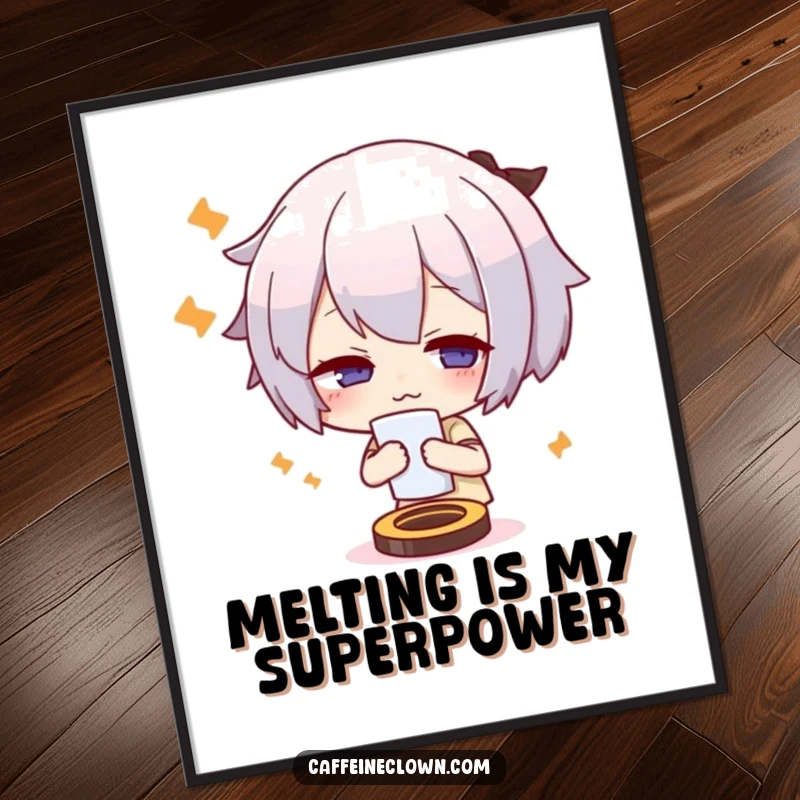 Funny poster art of a cute character fanning themself with exaggerated effort, looking overheated and comical, coffee-related.