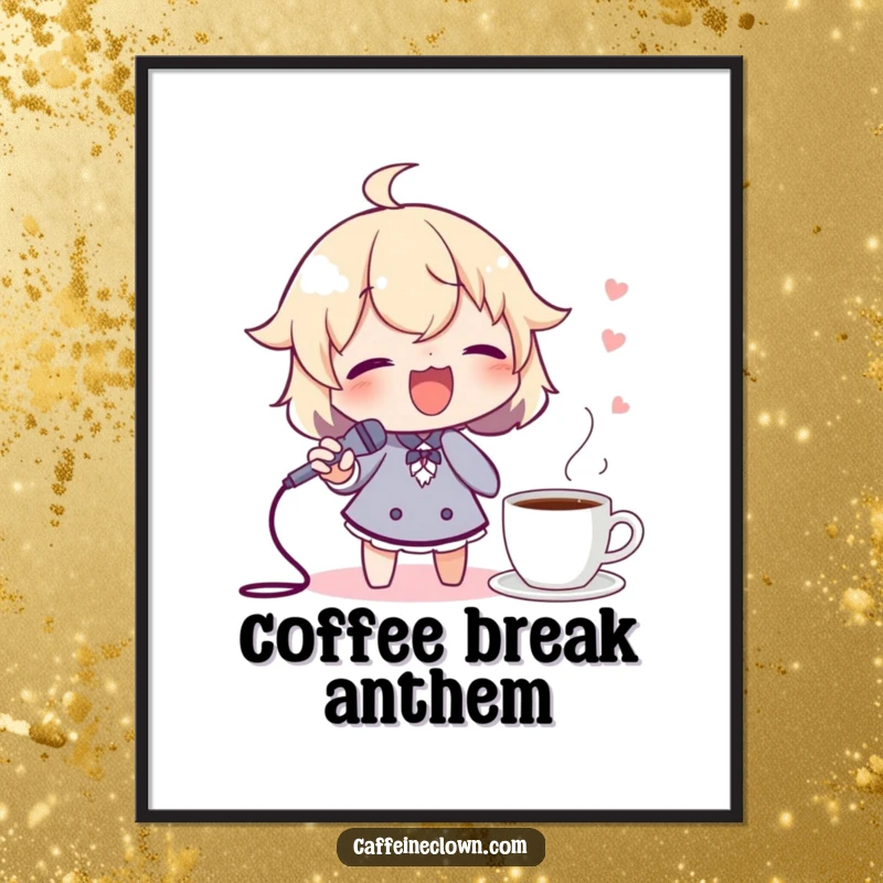 Funny poster art of a character joyfully singing into a spoon held like a microphone, with coffee nearby, musical theme.