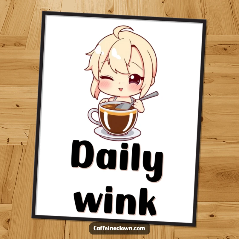 Funny Poster: A character shares a mischievous wink while stirring a hot cup of coffee, making a subtle and humorous statement.