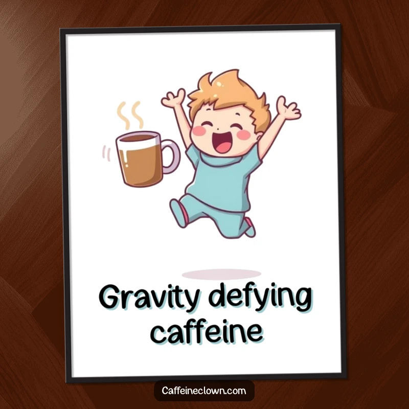 Funny poster of a character joyfully leaping, a coffee mug suspended in the air, embodying a moment of pure caffeine elation.