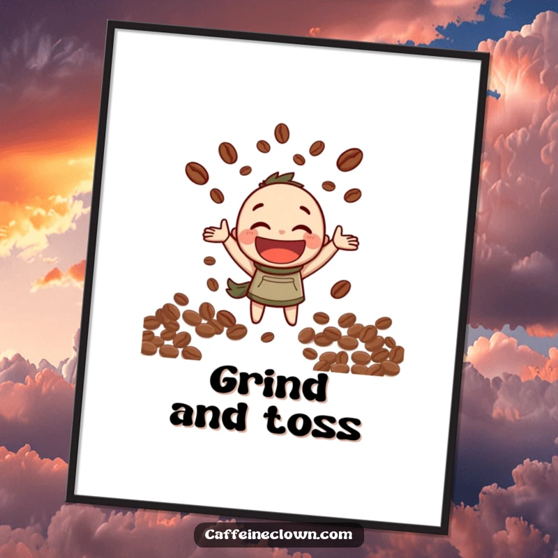 Funny Poster: Character with a wide, happy grin joyfully juggles coffee beans, a delightful visual of coffee bean appreciation.