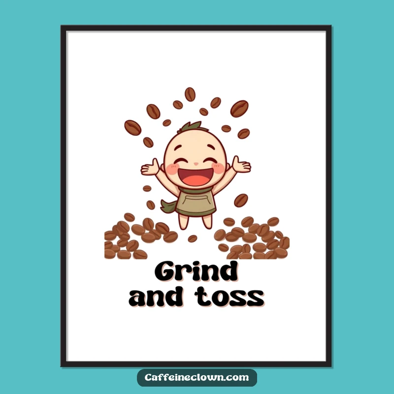 Funny Coffee Poster: Bean Juggling Character - Delightful Wall Art!