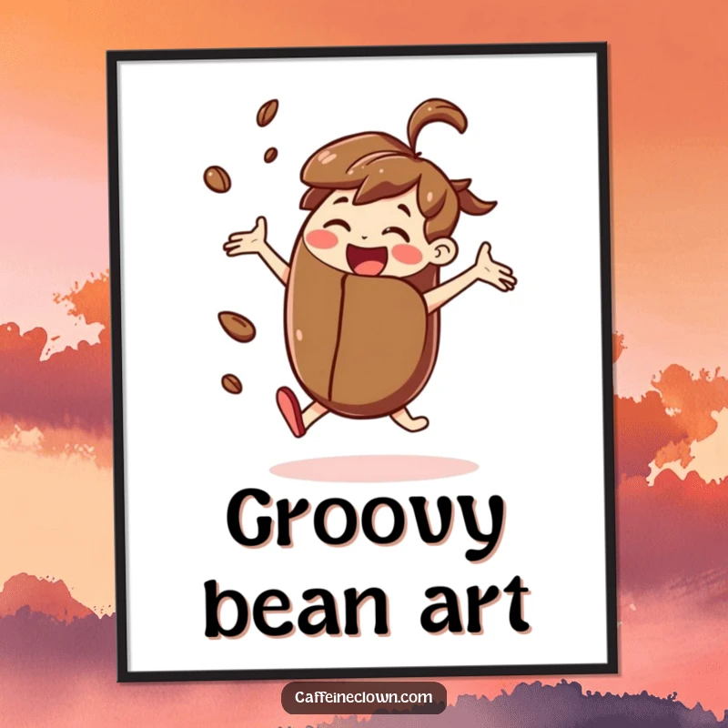 Funny poster showcasing a joyful character dancing with abandon while holding a giant coffee bean, bringing energy and smiles.