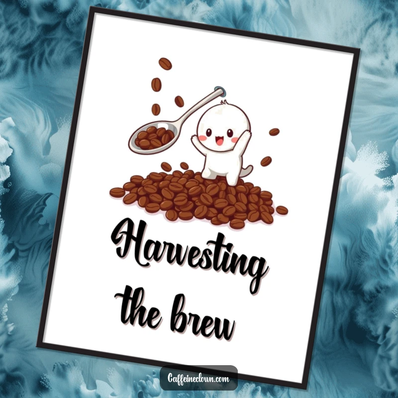 Funny poster capturing a playful character in motion, using a giant spoon to catch falling coffee beans, full of dynamic humor.