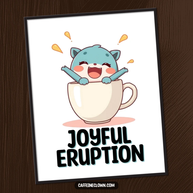 Funny poster capturing a delighted character bursting with joy from a steaming coffee cup, radiating vibrant, positive energy.
