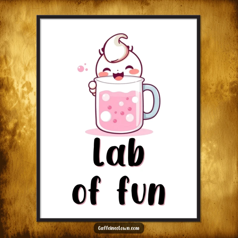 Funny poster showcasing a kawaii character gleefully mixing vibrant, bubbling liquids in a large mug, adding a touch of playful science.