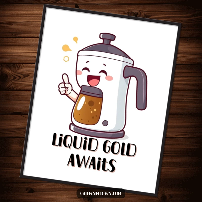 Funny poster art of a joyful character excitedly pointing at a bubbling coffee pot, capturing the anticipation and excitement for fresh coffee.